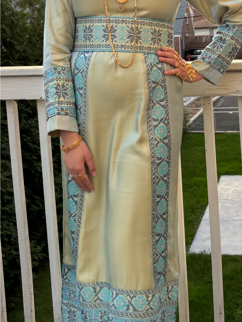 Light Sage Palestinian Embroidered Thobe dress